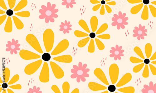 Abstract hand drawn floral pattern art. Colorful retro flower background template copy space.