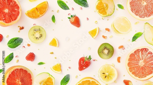 Fruit background, strawberry, kiwi, orange