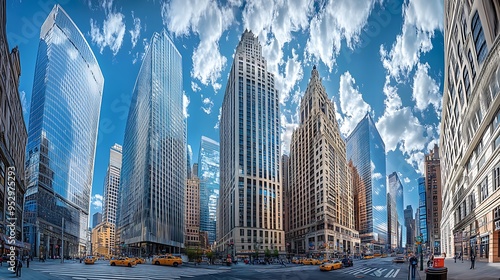 A Wide-Angle View of Modern and Classic Skyscrapers in a Cityscape photo