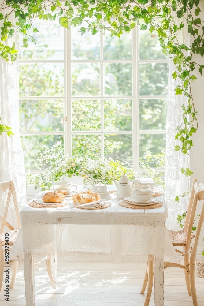 Cozy Breakfast Nook with White Table Chairs and Window with Green Ivy Cozy Breakfast Nook with White Table Chairs and Window with Green Ivy