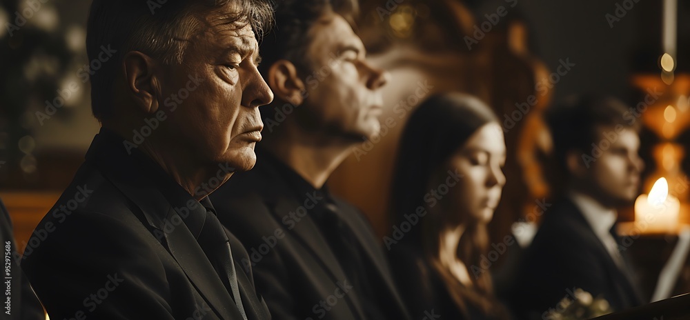 A somber gathering of individuals in dark attire, likely at a memorial or funeral setting. A somber gathering of individuals in dark attire, likely at a memorial or funeral setting.