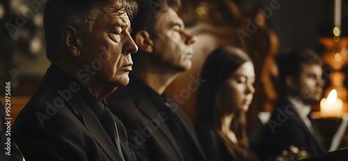 A somber gathering of individuals in dark attire, likely at a memorial or funeral setting.