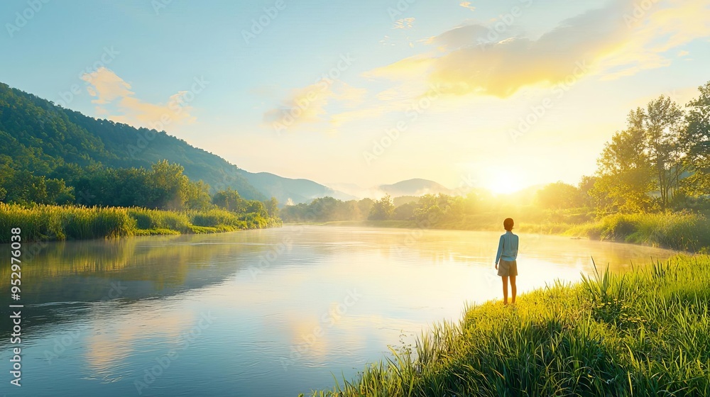 An entrepreneur standing by a calm river at sunrise, her enthusiasm and trust mirrored in the still water, with blessings for her journey captured in her contemplative gaze An entrepreneur standing by a calm river at sunrise, her enthusiasm and trust mirrored in the still water, with blessings for her journey captured in her contemplative gaze