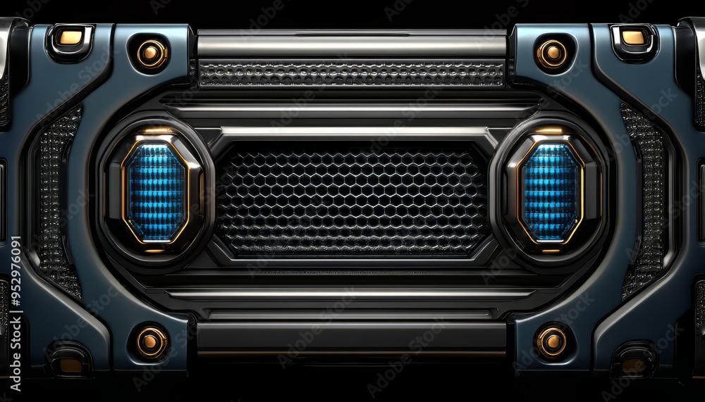 Fototapeta premium Futuristic Blue and Gold Metallic Panel with Hexagon Grille