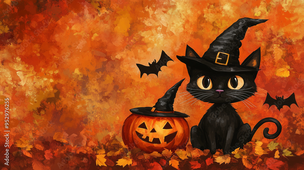 halloween background banner with pumpkin and black cat Jack o lantern witch hat halloween background banner with pumpkin and black cat Jack o lantern witch hat