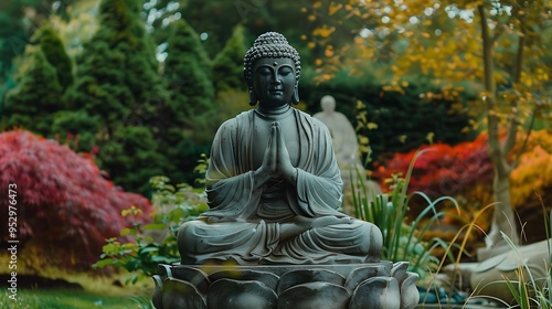 A serene Buddha statue in a vibrant garden, symbolizing peace and spirituality.