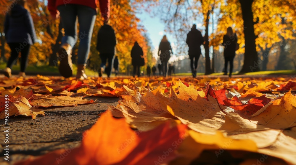 Fototapeta premium Autumn Leaves Path Fall Foliage People Walking Pathway