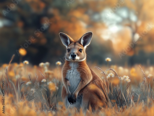 Detailed close up of Wallaby, Macropod, in its natural grassy environment