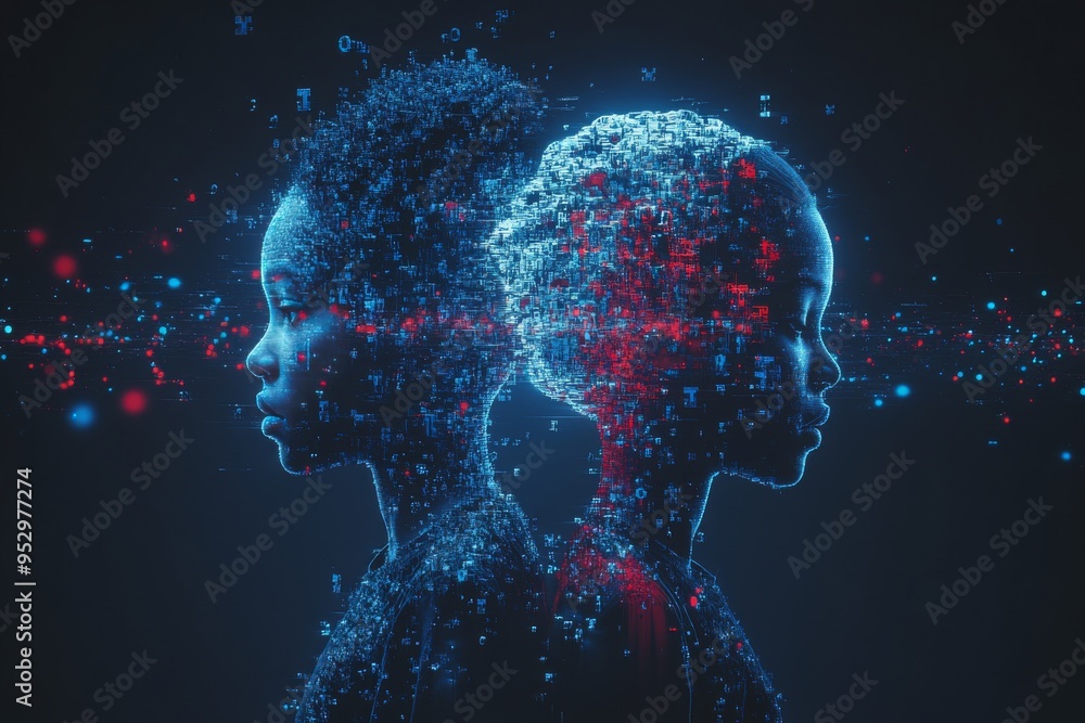 Abstract Dual Silhouettes with Blue and Red Neural Networks Symbolizing Cognitive Duality Emotional Conflict and the Contrasts of Thought in a Futuristic Setting Abstract Dual Silhouettes with Blue and Red Neural Networks Symbolizing Cognitive Duality Emotional Conflict and the Contrasts of Thought in a Futuristic Setting