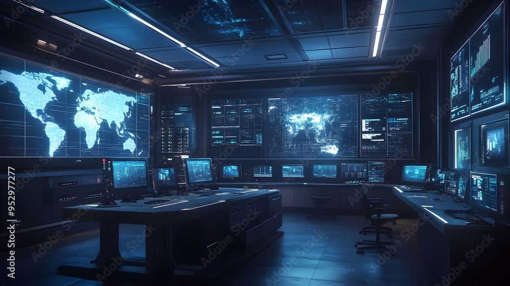 Command center with large screens a holographic map and a sleek design with cool blue tones Sleek and modern with cool blue tones holographic elements and detailed 3D interfaces Command center with large screens a holographic map and a sleek design with cool blue tones Sleek and modern with cool blue tones holographic elements and detailed 3D interfaces