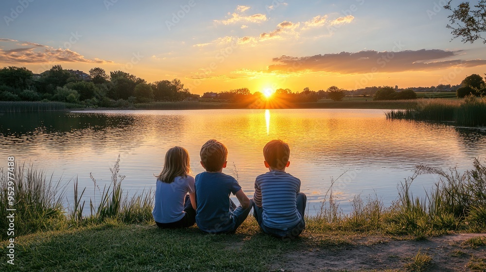 Children watching a sunset by a serene lake, capturing a moment of tranquility and connection. Children watching a sunset by a serene lake, capturing a moment of tranquility and connection.