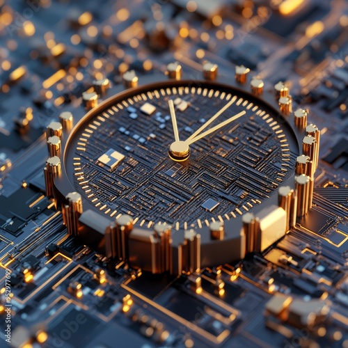 Ancient golden clock face on a vintage circuit board photo