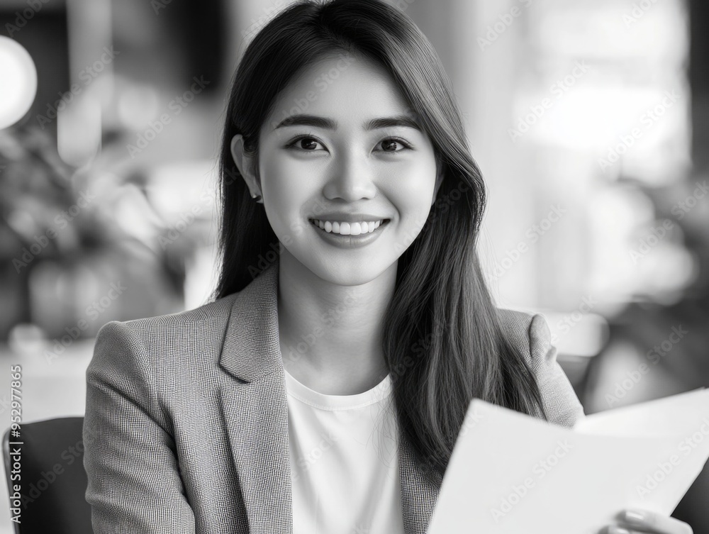Elegant Young Woman Smiling Confidently at Business Meeting Elegant Young Woman Smiling Confidently at Business Meeting