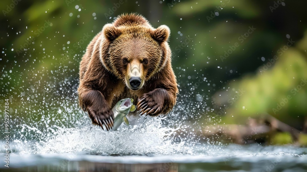 Obraz premium Brown Bear Jumping for Salmon in River