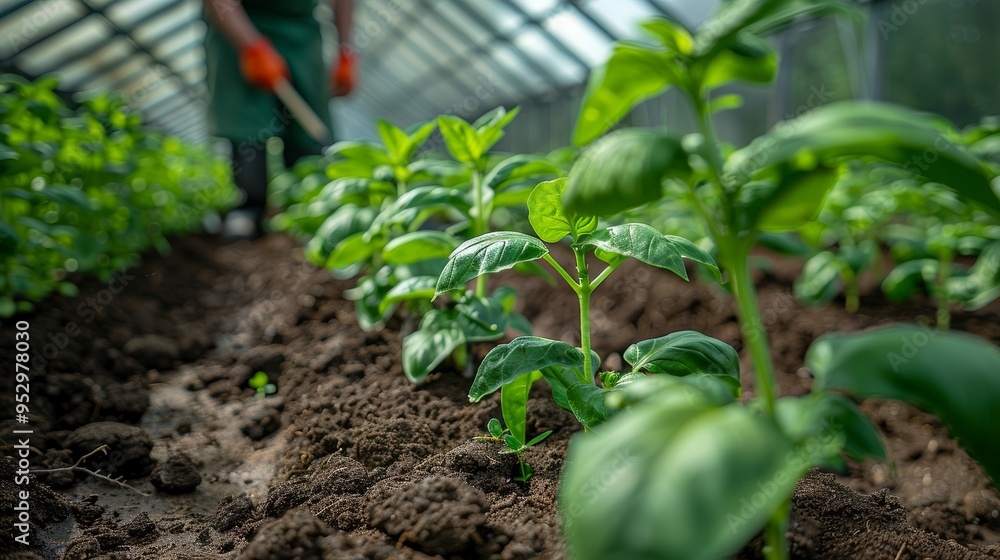 Close-Up of Fresh Green Plants Growing in a Greenhouse with a Gardener in the Background Close-Up of Fresh Green Plants Growing in a Greenhouse with a Gardener in the Background