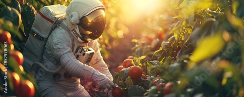 Astronaut Harvesting Tomatoes in a Sunlit Field, Blending Space Exploration with Agriculture photo