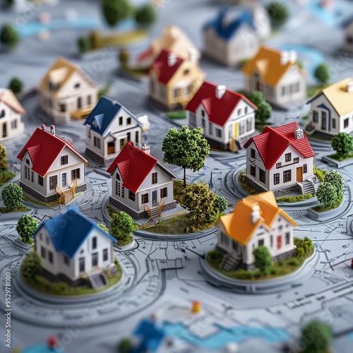 Toy houses on roofs, a colorful vector illustration of residential architecture