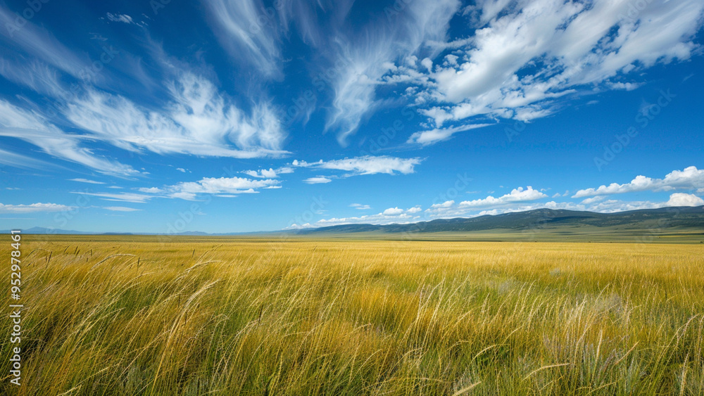 Vast Golden Grassland Under a Clear Blue Sky with Rolling Hills in the Distance Vast Golden Grassland Under a Clear Blue Sky with Rolling Hills in the Distance