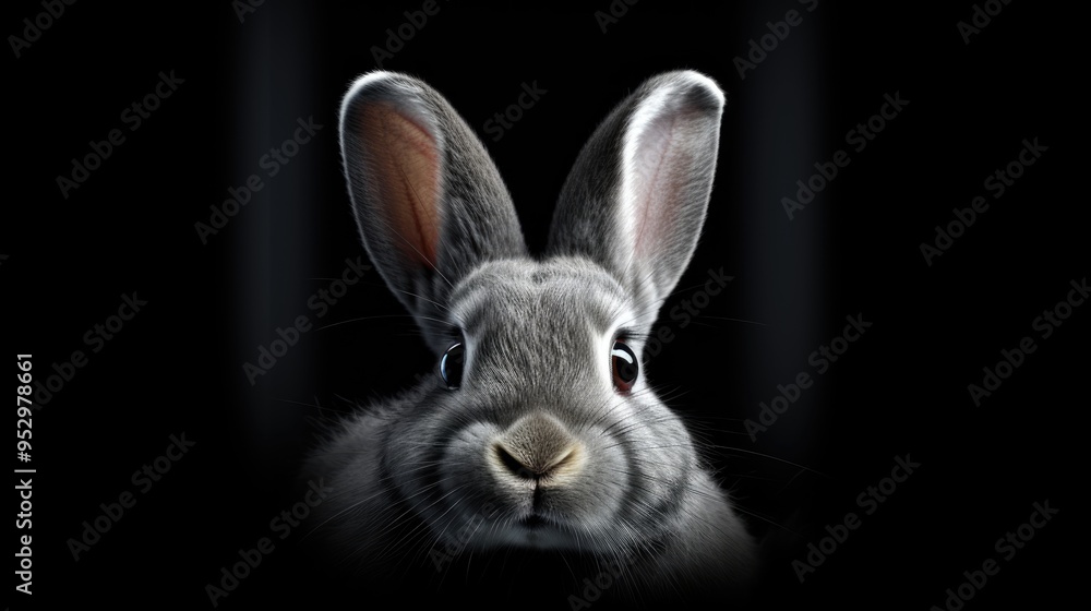 Obraz premium Surprised Funny Cute Bunny with Big Eyes on dark Background, Cute Animal Portrait
