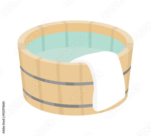 お湯が入った風呂桶とタオルのベクターイラスト