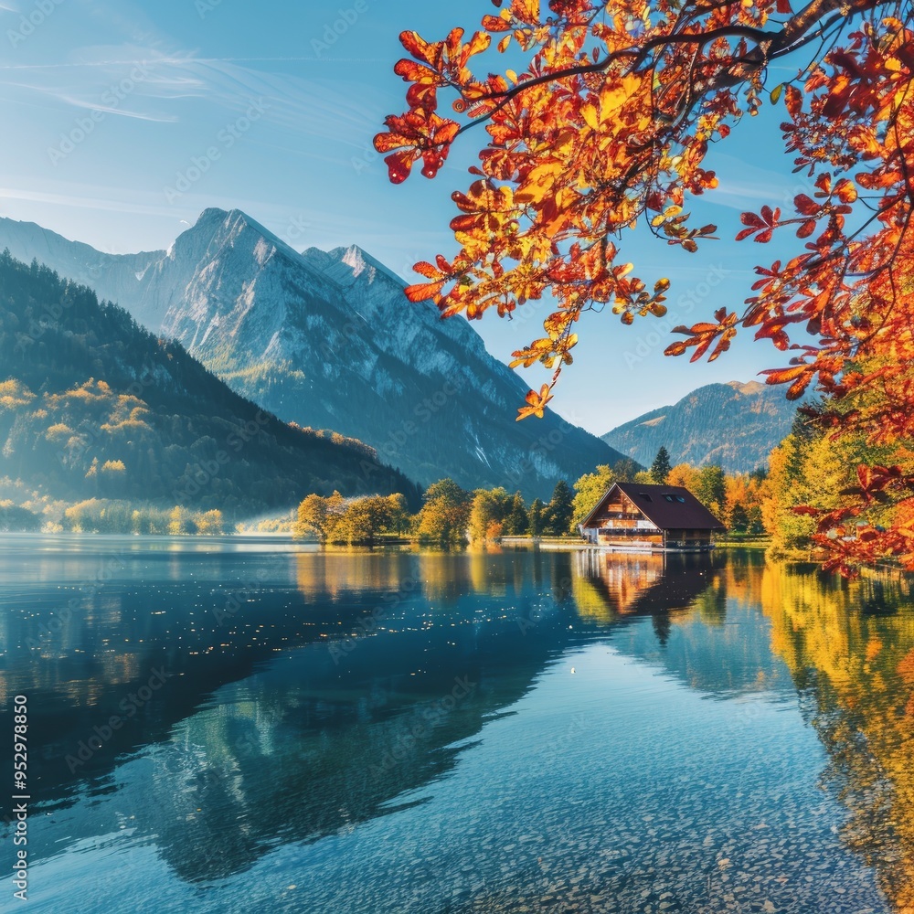 Fototapeta premium Beautiful autumn scene of Hintersee lake. Colorful morning view of Bavarian Alps on the Austrian border, Germany, Europe. Beauty of nature concept background.