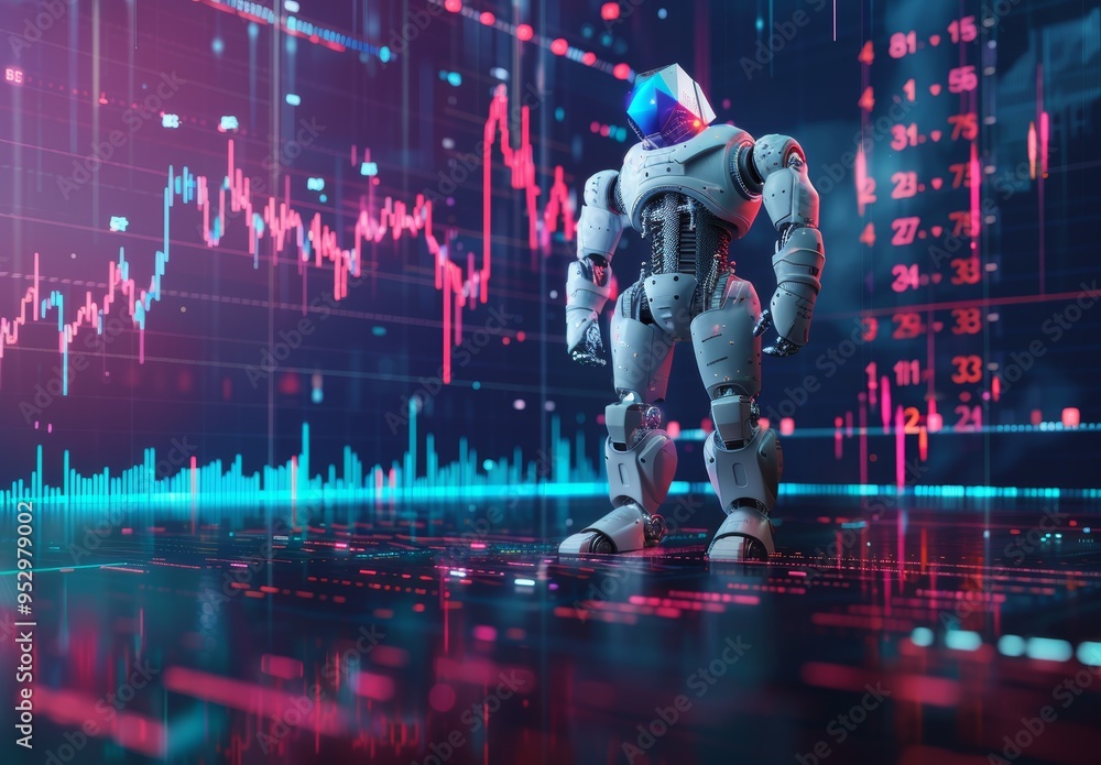 Fototapeta premium Futuristic Robot Analyzing Stock Market Data with Holographic Charts in a High-Tech Environment