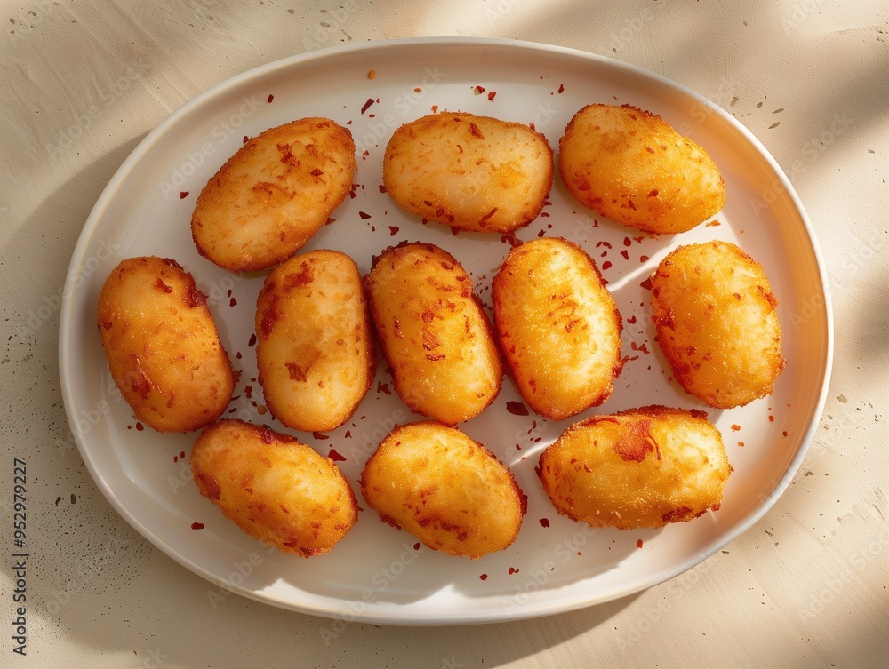 Crispy Golden Croquetas on Rustic Beige Background, Traditional Spanish Tapas Crispy Golden Croquetas on Rustic Beige Background, Traditional Spanish Tapas
