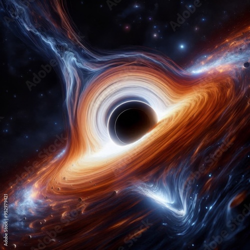 Cosmic black hole attracting nearby stars and swirling interstellar matter