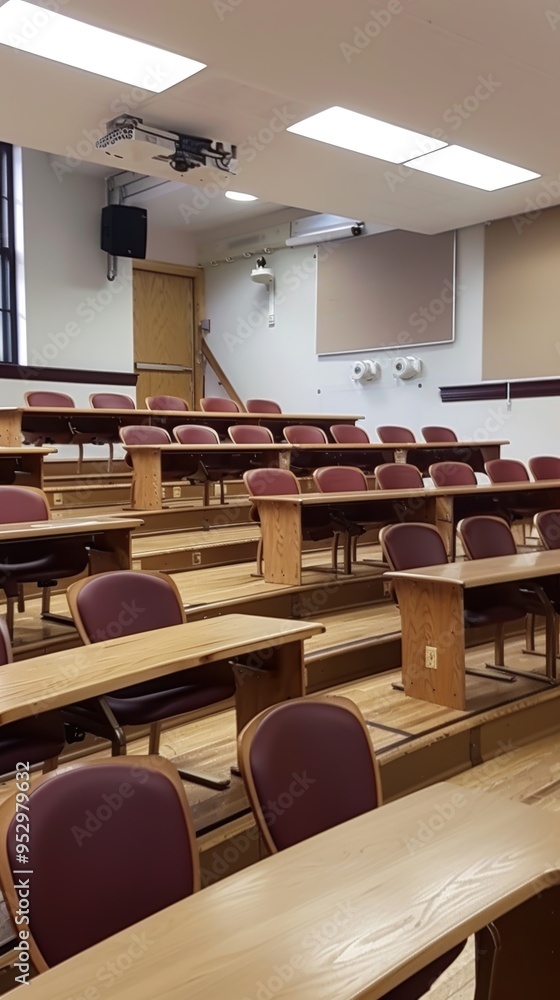 Fototapeta premium Modern University Classroom with Tiered Seating and Wooden Desks in Brightly Lit Environment