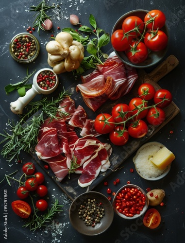 Gourmet Iberico ham slices with rosemary, culinary fine art photography