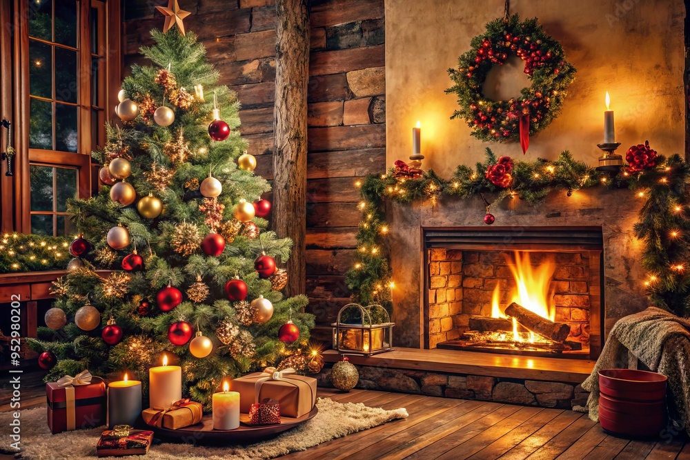 Cozy Christmas Tree Fireplace Gift Ideas rustic holiday decor sentimental ornaments and decorations warm festive ambiance gleaming lights rustic wood texture Cozy Christmas Tree Fireplace Gift Ideas rustic holiday decor sentimental ornaments and decorations warm festive ambiance gleaming lights rustic wood texture