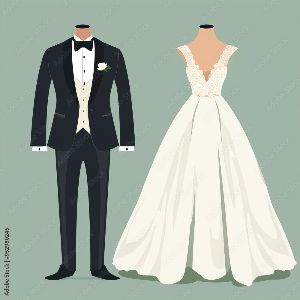 Wedding attire, classic tuxedo and gown, flat design illustration Wedding attire, classic tuxedo and gown, flat design illustration