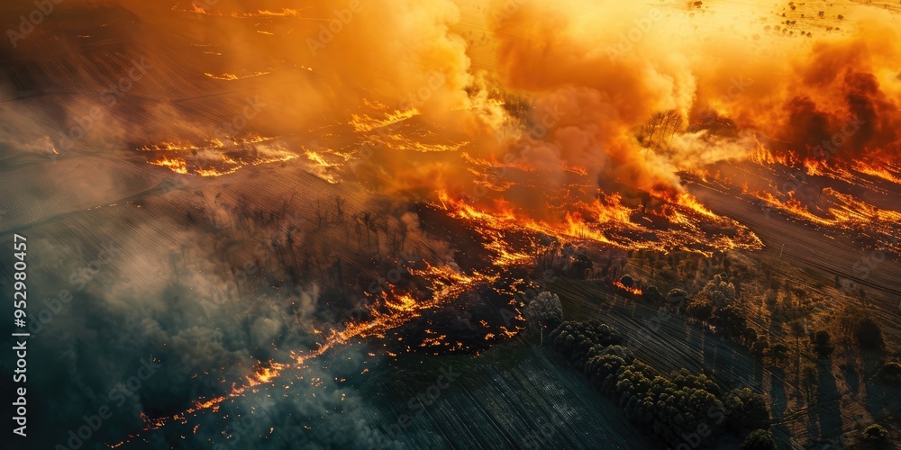 Fototapeta premium Aerial View of Wildfire Devastating Fields Ecology Disaster