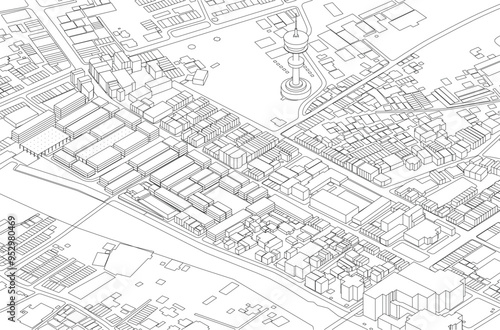 isometric city vector line background wiht river