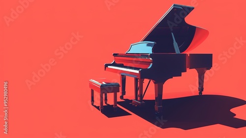 Illustration of a black piano on a red background