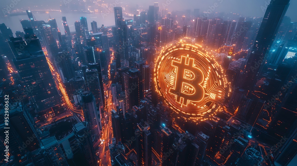 Glowing Bitcoin Symbol Over Nighttime Cityscape Glowing Bitcoin Symbol Over Nighttime Cityscape