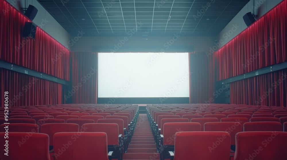 Empty Modern Cinema Hall with Red Seats and Large Screen Ready for Movie Screening Empty Modern Cinema Hall with Red Seats and Large Screen Ready for Movie Screening