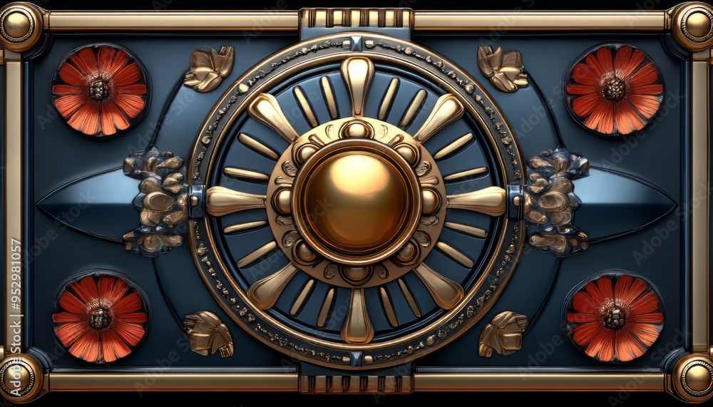 Obraz premium Ornate Golden Wheel with Floral Accents on a Blue Background