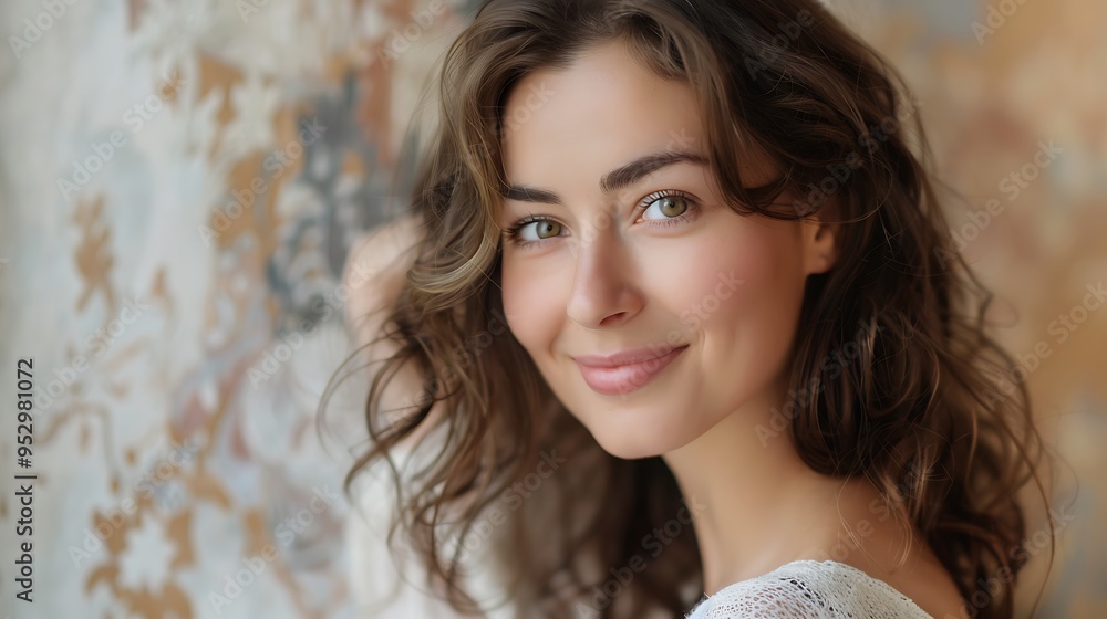 A close-up portrait of a smiling woman with wavy hair, set against a textured background. A close-up portrait of a smiling woman with wavy hair, set against a textured background.