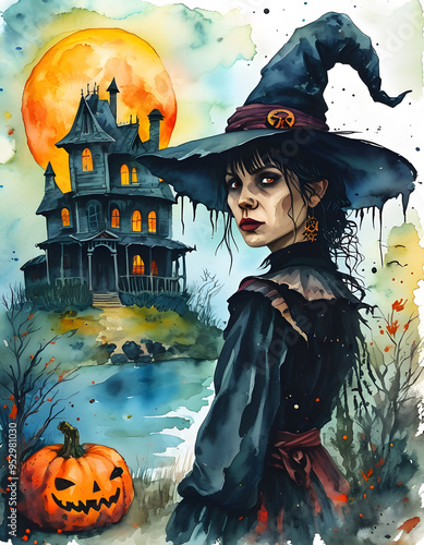 A watercolor illustration of a scary witch standing in front of a haunted house with a full moon in the background. The eerie jack-o'-lantern adds to the horror atmosphere. photo