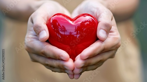 A pair of hands gently holding a shiny red heart symbolizing love and care.