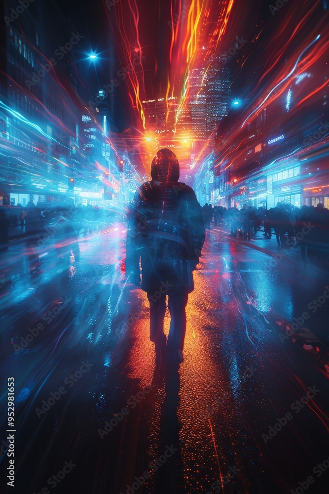 Silhouette of Person Walking in Vibrant Neon Cityscape at Night with Light Trails Silhouette of Person Walking in Vibrant Neon Cityscape at Night with Light Trails