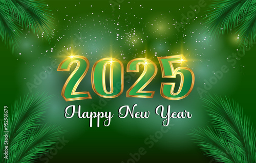 2025 happy new year template banner with modern 3d text effect and beautiful sparkle luxury shiny ornament abstract gradient green background design 8