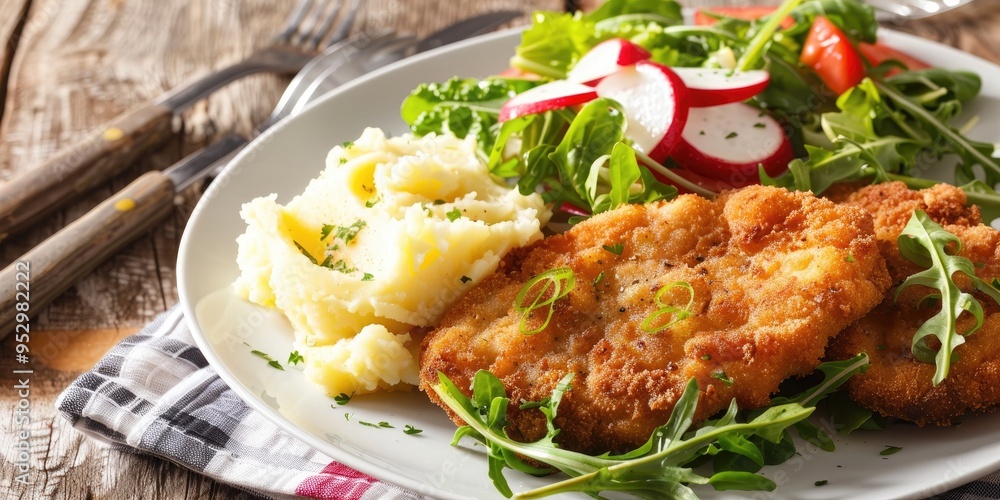 Close up of breaded pork cutlet with mashed potatoes and green salad on white plate Close up of breaded pork cutlet with mashed potatoes and green salad on white plate