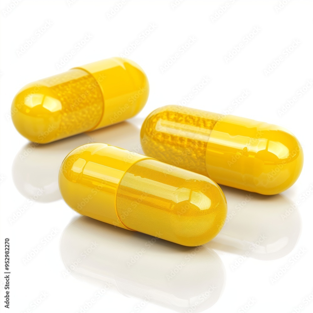Bright Yellow Capsules on White Background - Pharmaceutical Medicine Concept with Three Pills Bright Yellow Capsules on White Background - Pharmaceutical Medicine Concept with Three Pills