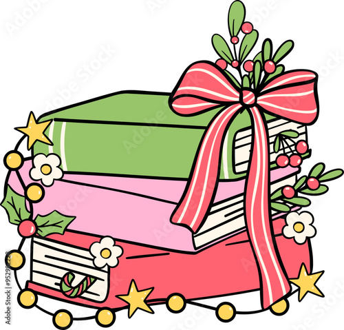 Groovy Christmas Books  Retro Festive Book stack  Lined Doodle Drawing for Holiday Decor
