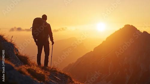 Fototapeta Naklejka Na Ścianę i Meble -  A hiker enjoys a breathtaking sunset view from a mountain peak.
