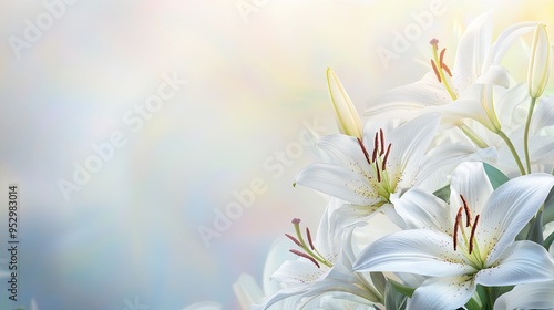 A close-up of detailed white lilies with a gradient background, providing ample space above for adding personalized text, ideal for sympathy cards.