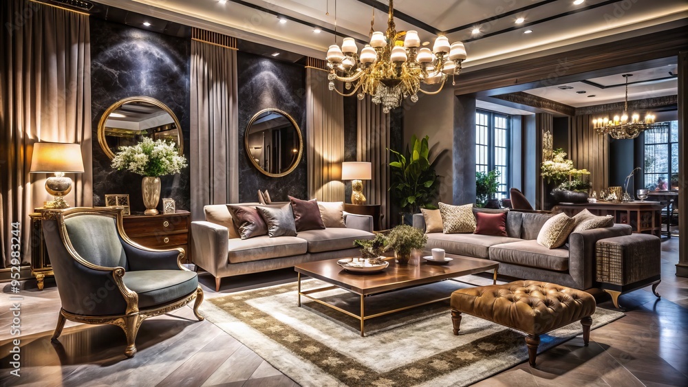 * Elegance abounds in a showroom flooded with light, showcasing refined luxury furniture pieces on plush carpets, accented with glossy woods and opulent drapery. * Elegance abounds in a showroom flooded with light, showcasing refined luxury furniture pieces on plush carpets, accented with glossy woods and opulent drapery.