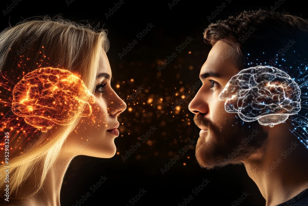 Couple with Contrasting Red and Blue Brain Patterns Symbolizing Cognitive Duality Emotional Bonding and the Complexity of Thought in a Dramatic Intimate Setting Couple with Contrasting Red and Blue Brain Patterns Symbolizing Cognitive Duality Emotional Bonding and the Complexity of Thought in a Dramatic Intimate Setting